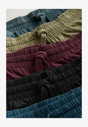 Pięć par szortów w różnych kolorach: morskim, oliwkowym, bordowym, czarnym i ciemnoniebieskim. Każde ma elastyczny pas z ozdobnym wiązaniem.