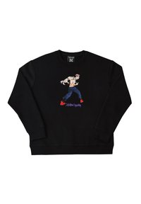 Sweatshirt noir à manches longues, arborant un motif brodé d'un personnage en mouvement, accentué par des chaussures rouges et un pantalon bleu.