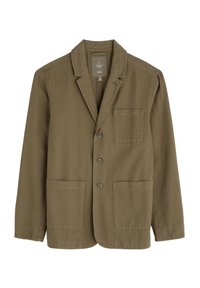 Sacou pentru bărbați de culoare verde olive, dintr-un material ușor, cu guler cu vărfuri, trei nasturi frontali și două buzunare în față.
