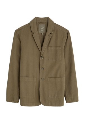 Blazer para hombre en verde oliva, confeccionado en una tela ligera, con cuello de muesca, tres botones delanteros y dos bolsillos frontales.