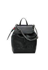 Black leather backpack with front flap, braided drawstring with red and green beads, and embossed "Desigual" logo on front.