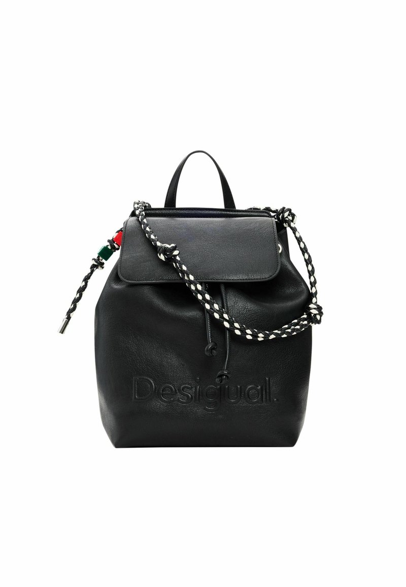 Black leather backpack with front flap, braided drawstring with red and green beads, and embossed "Desigual" logo on front.