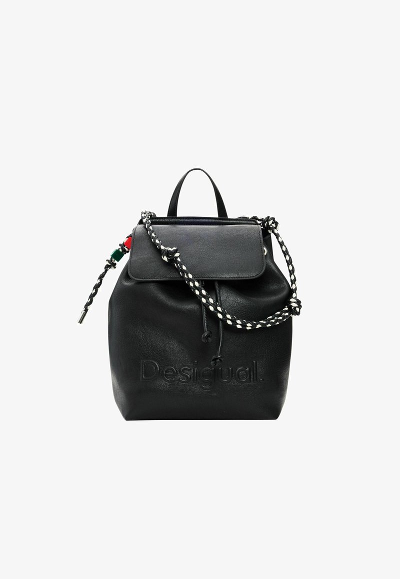Black leather backpack with front flap, braided drawstring with red and green beads, and embossed "Desigual" logo on front.