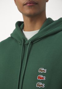 Felpa con cappuccio verde caratterizzata da un tessuto testurizzato e da tre toppe con il logo Lacoste in marrone, rosso e arancione sulla parte anteriore.