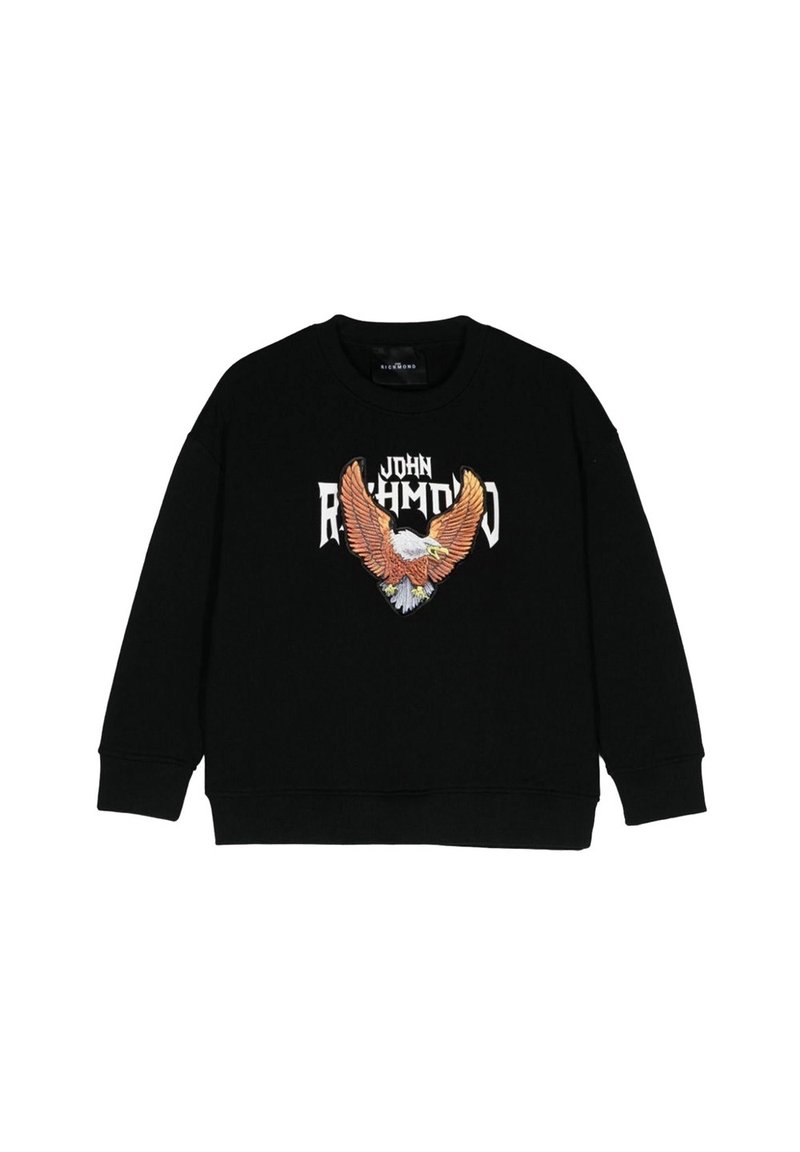 Felpa nera, in misto cotone, con collo a giro e maniche lunghe. Presenta un design ricamato di un'aquila con il testo "John Richmond" in bianco.