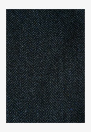 Szalagmintás anyag sötét tengerészkék és fekete színben. Gyapjú textúra finom kék és sárga pöttyökkel. Strukturált, tartós anyag.