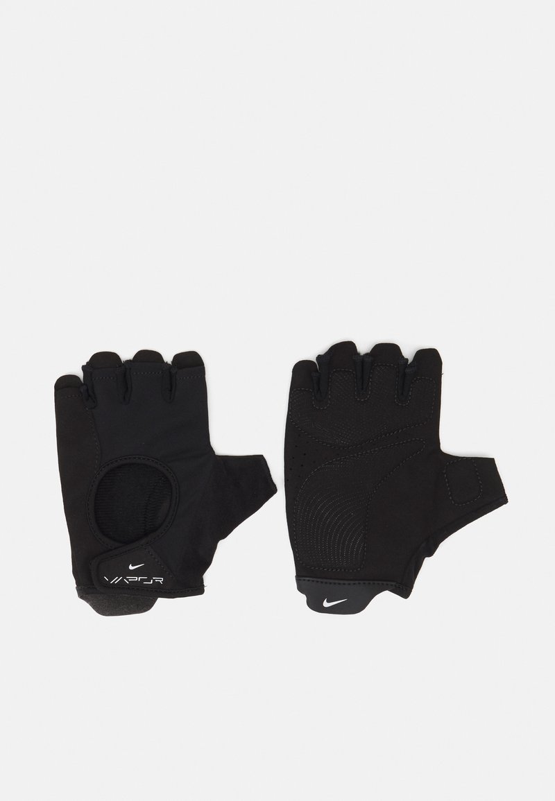 Sorte fingerløse handsker med et tekstureret design. Lavet af et åndbart materiale, med en tommelfingeråbning og forstærket håndflade for bedre greb.