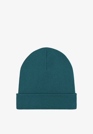 Megzta žydro žalio atspalvio kepurė su banguotu raštu ir sulankstytu kraštu, pritaikyta glaudžiai dėvėti aplink galvą.