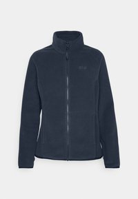 Giacca in pile grigio scuro con colletto alto, zip completa e due tasche laterali. Presenta maniche raglan e un dettaglio del logo discreto sul petto.