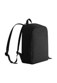 Schwarzer Rucksack aus glattem Stoff, mit rechteckiger Form, gepolsterten, verstellbaren Trägern und einem minimalistischen Design ohne sichtbare Logos.