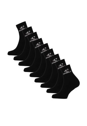Acht paar zwarte crew sokken met wit O'Neill-logo op de boord, weergegeven in een verspringende rij op een witte achtergrond.