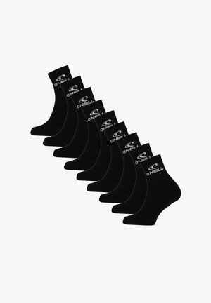 Acht paar zwarte crew sokken met wit O'Neill-logo op de boord, weergegeven in een verspringende rij op een witte achtergrond.