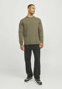 Pullover tricotat de culoare verde măsliniu cu guler la baza gâtului, asociat cu pantaloni negri drepti și pantofi sport negri cu accente gri.