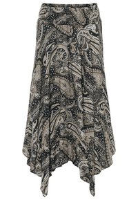 Gonna a paisley nero e beige con orlo asimmetrico, realizzata in tessuto leggero, con vita arricciata e texture fluente.