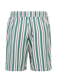 Randiga shorts i teal, vitt och lila. Har ett elastiskt midjeband och en slät, glänsande tygkvalitet. Skurna till knä längd med en avslappnad passform.