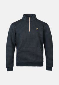 Mørkeblå quarter-zip hettegenser laget av teksturert stoff med rutemønster, med en beigefarget glidelås og en liten gylden logo på brystet.