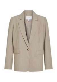 Veste beige ajustée à un bouton unique avec revers crantés, manches longues, deux poches avant à rabat et doublure intérieure lisse.