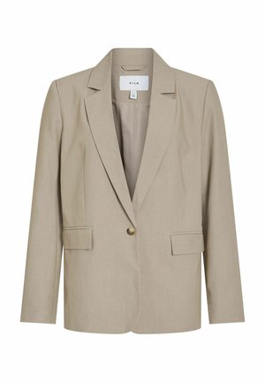 Veste beige ajustée à un bouton unique avec revers crantés, manches longues, deux poches avant à rabat et doublure intérieure lisse.