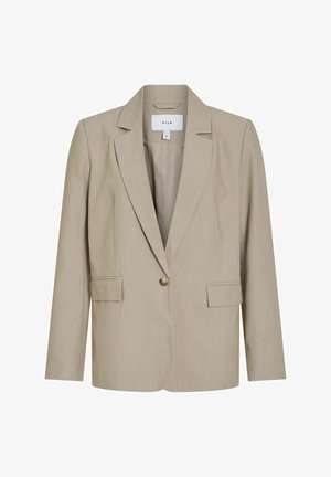 Bež enoročno srajčno prilagojeno sako z zasukanim ovratnikom, dolgimi rokavi, dvema sprednjima žepoma s prekrito zanko in gladkim notranjim ovratnikom.