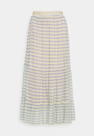 Jupe longue fluide avec des volants froncés, une taille élastique et un motif à carreaux pastel jaune, bleu et rose sur fond blanc.