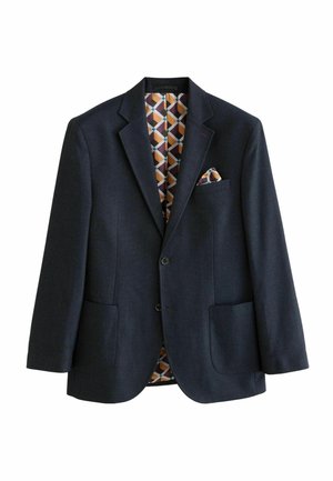 Dunkelblauer Blazer mit zwei vorderen Taschen, Reverskragen, einreihiger Knopfverschluss, gemusterte Innenauskleidung in warmen Farbtönen und geometrischem Design.