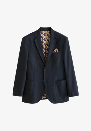Dunkelblauer Blazer mit zwei vorderen Taschen, Reverskragen, einreihiger Knopfverschluss, gemusterte Innenauskleidung in warmen Farbtönen und geometrischem Design.