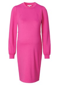 Abito rosa a maniche lunghe con colletto rotondo, polsini a coste e silhouette aderente. Tessuto morbido con leggera lucentezza e texture liscia.