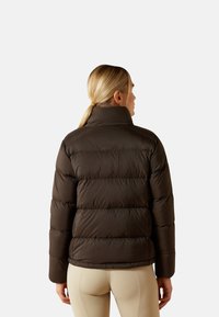Brown puffer jacket with horizontal stitching, high collar, and smooth texture. Features a logo on the upper back, paired with light-colored pants.