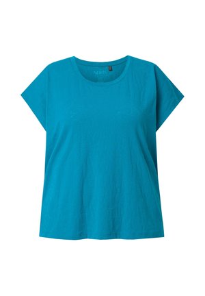 T-shirt bleu à manches courtes en coton avec un col rond, présenté à plat sur un fond blanc.