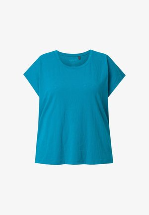T-shirt bleu à manches courtes en coton avec un col rond, présenté à plat sur un fond blanc.
