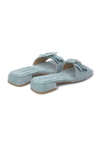 Lichtblauwe suede sandalen met een platte hak. Heeft grote strikken en zilveren accenten aan de voorkant. Zachte textuur en open teen ontwerp.