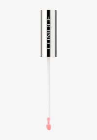 Clinique Lipgloss mit glänzendem silbernem zylindrischen Deckel, klarem Applikatorstab und softpinkem Produktschaft. Glatte Textur, minimale Markenkennzeichnung.