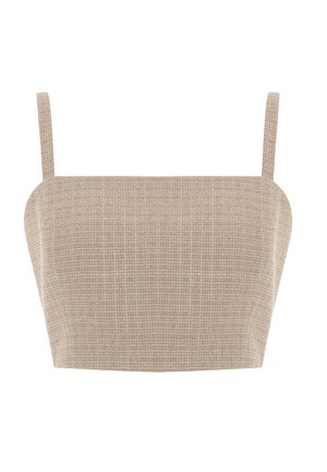 Beige lyhyt toppi ohuilla olkaimilla ja teksturoitua kangasta, jossa on hienovarainen ruudullinen kuvio. Suora leikkaus ja sileä viimeistely.