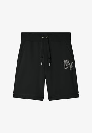 Pantalones cortos negros de tejido ligero, con cintura elástica y cordón, bolsillos laterales y un logo decorado con strass en la parte delantera.
