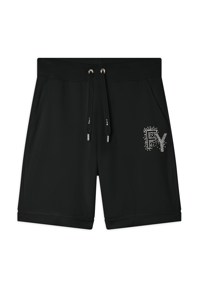 Pantaloni corti neri realizzati in tessuto leggero, con vita regolabile con cordoncino, tasche laterali e un logo decorato con strass sulla parte anteriore.