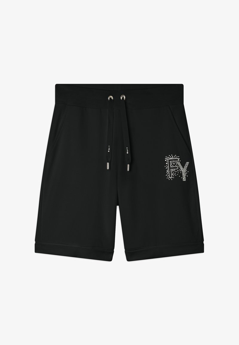 Pantaloni corti neri realizzati in tessuto leggero, con vita regolabile con cordoncino, tasche laterali e un logo decorato con strass sulla parte anteriore.