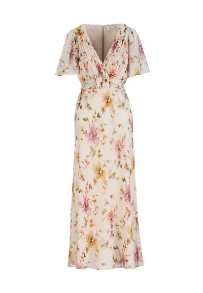 Virágmintás maxi ruha redőzött V-nyakkal, rövid fodros ujjakkal és öves derékkal, lágy pasztell rózsaszín, sárga és zöld színekben.