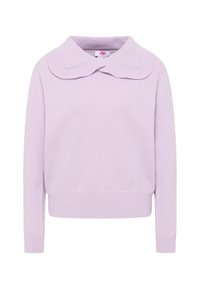Pulover violet deschis cu guler rotund, mâneci lungi și tiv ondulat. Fabricat din material tricotat moale. Design clasic, casual.