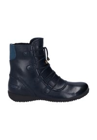 Bottines en cuir bleu marine avec des détails en dentelle, un bout arrondi, des accents latéraux texturés et une semelle en caoutchouc pour une meilleure adhérence.