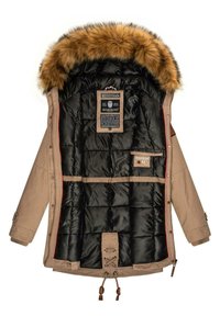Bež parka jakna s kapuljačom obloženom umjetnim krznom, podstavom u crnoj boji s rukavima, unutarnjom čipkom i oznakama koje prikazuju marku i upute za njegu.