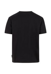 Camiseta negra de algodón con mangas cortas y cuello redondeado. Presenta una textura suave y un diseño sencillo sin adornos.