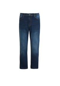 Jeans de mezclilla azul oscuro con corte recto, que presentan un diseño clásico de cinco bolsillos y detalles de costura a lo largo de las costuras.