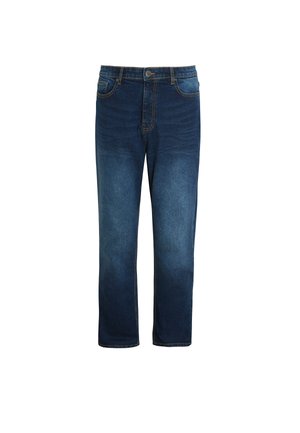 Jeans en denim bleu foncé avec une coupe droite, présentant un design classique à cinq poches et des détails cousus le long des coutures.