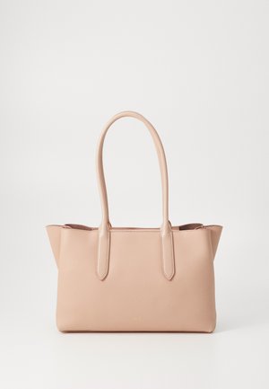 Light pink leather tote bag with two long handles, structured shape, and subtle stitching details. Minimalist design with no visible hardware.