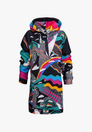 Hoodie coloré avec des motifs abstraits dans des nuances de noir, rose, turquoise, vert et jaune. Dispose d'une grande capuche et de poignets côtelés.