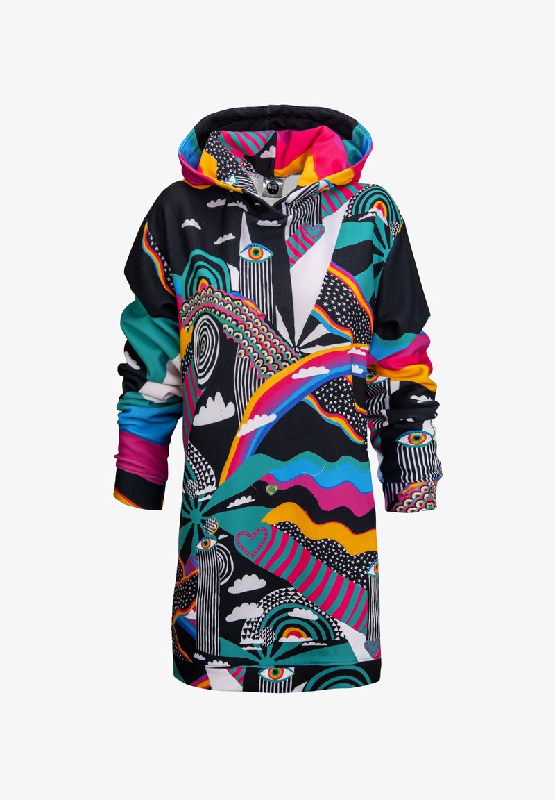 Bunte Kapuzenjacke mit abstrakten Mustern in Schwarz, Pink, Türkis, Grün und Gelb. Sie verfügt über eine große Kapuze und gerippte Bündchen.