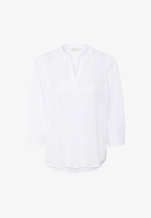 Hvid langærmet bluse med subtil vertikal stribemønster, elastiske manchetter og en V-udskæring med en lille stående krave.