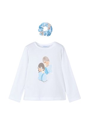 T-shirt bianco a maniche lunghe con una stampa giocosa di due ragazze in abiti blu. Include un elastico per capelli abbinato a righe blu e beige.