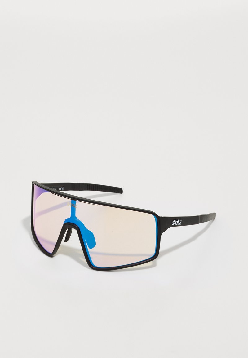 Sunglasses with a black frame and blue accents. The large, mirrored lenses transition from pink to purple, featuring a sporty design.