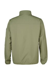 Giacca verde oliva con colletto alto, polsini elasticizzati e una texture liscia. Presenta cuciture piatte e un design a taglio dritto.